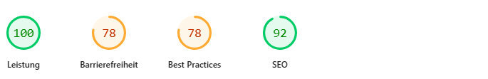 Die Abbildung zeigt vier kreisförmige Bewertungsindikatoren mit folgenden Werten und Beschriftungen: Leistung: 100, Barrierefreiheit: 78, Best Practices: 78, SEO: 92. Der Erreichungsgrad wird in Prozent anzeigt. 
