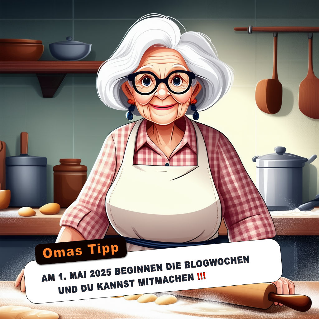 Das Bild zeigt eine ältere Frau mit weißen Haaren und einer Brille, die in einer Küche steht. Sie trägt eine karierte Bluse und eine Schürze und scheint beim Kochen oder Backen zu sein. Auf dem Tisch vor ihr liegen Teigstücke und ein Nudelholz. Im Hintergrund sind verschiedene Küchenutensilien wie Töpfe, Pfannen und Schüsseln zu sehen. Ein Sprechblase im Bild enthält den Text: "Omas Tipp: Am 1. Mai 2025 beginnen die Blogwochen und du kannst mitmachen!!!"